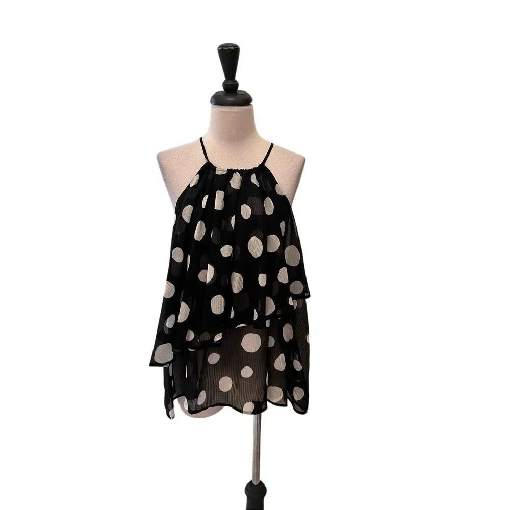 Who What Wear Women's Polka Dot Keyhole Back Tiered Blouse Black White XXL NWT